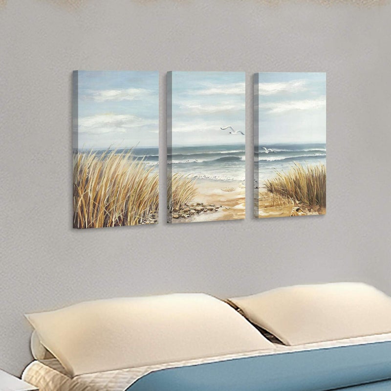Hardy Gallery Abstract Beach Canvas Wall Art: Seashore Grasses Artwork Print Seascape Painting for Walls (26'' x 16'' x 3 Panels) - Image 4